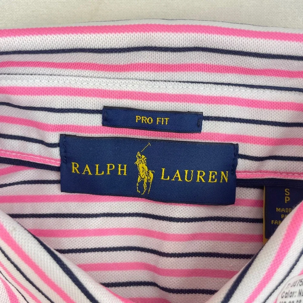 Ralph Lauren Pro Fit Mens Polo Shirt Pink Navy Blue Striped Small S NWOT